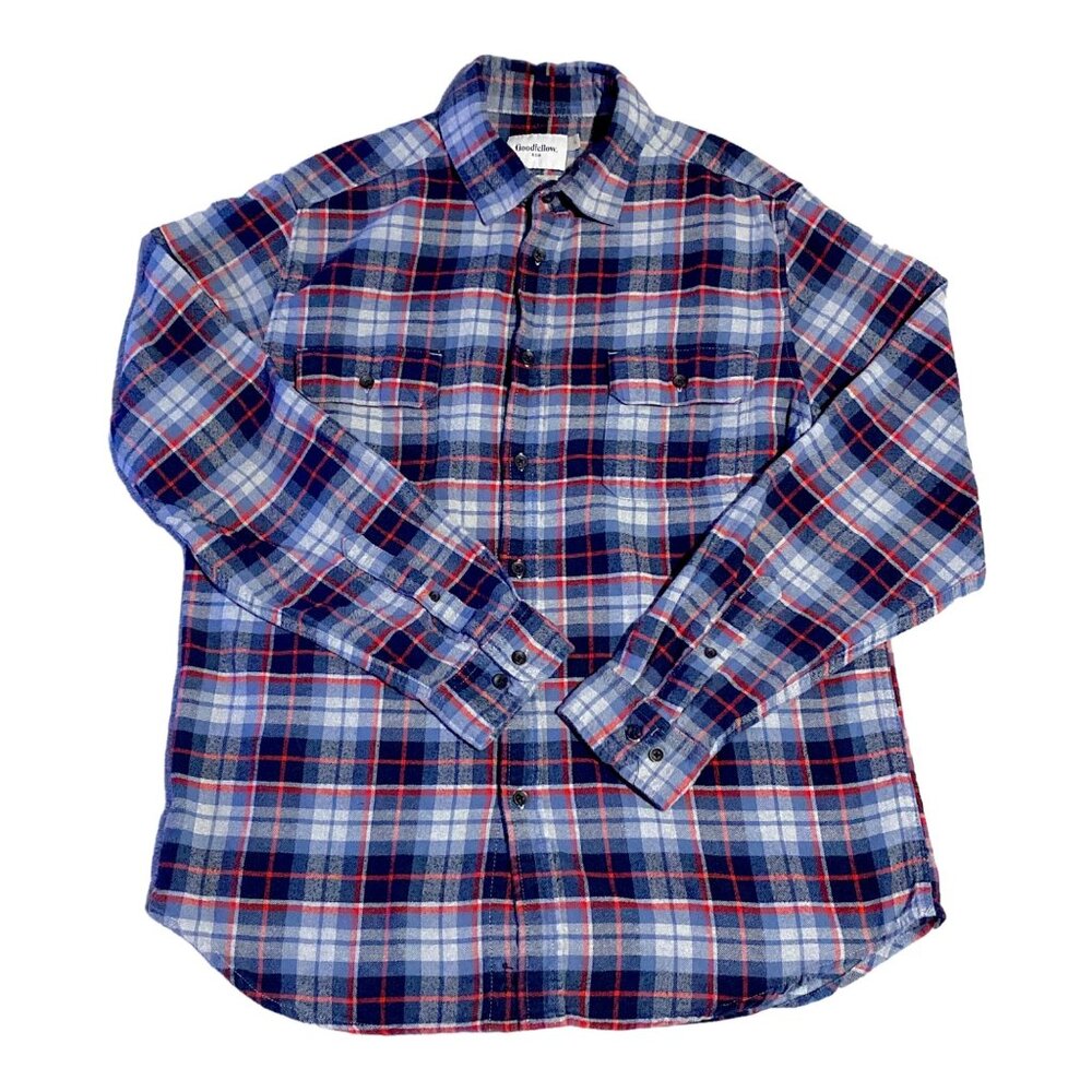 Goodiellow Shirt Mens L Blue Red Plaid Tartan Flannel Lumberjack Farm Folklore
